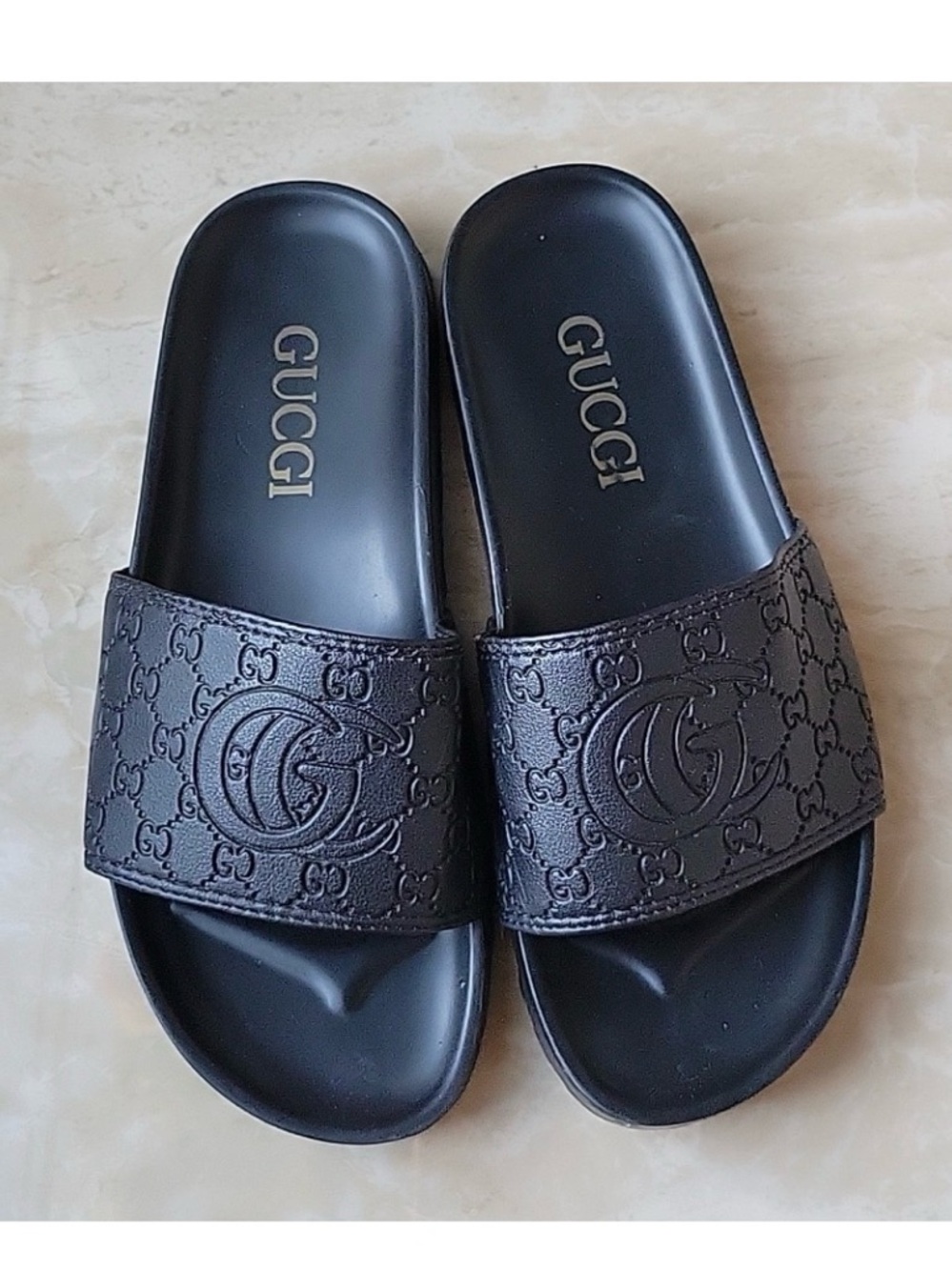 🌟Gucc: Black Embossed GG Slide Sandals